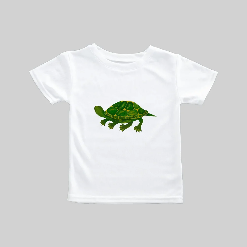 White t-shirt with a green turtle graphic.