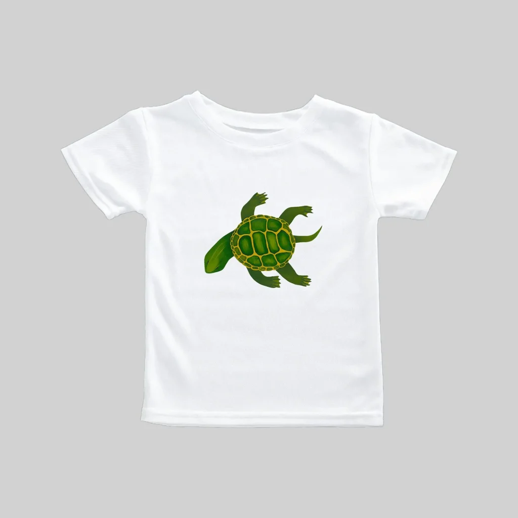 White t-shirt with a green turtle graphic on the front.