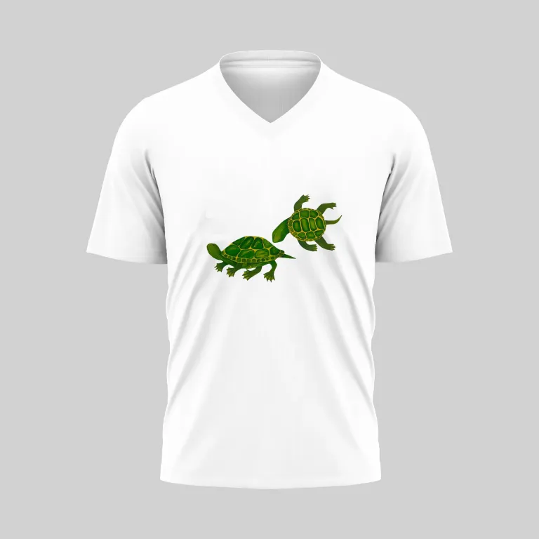 White V-neck T-shirt with a small green dinosaur graphic on the chest.