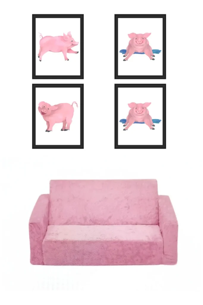 Pink pig-shaped sofa transforming into a regular sofa.