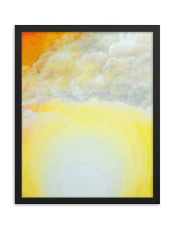 Abstract painting with bright yellows and soft grays blending into a radiant light.