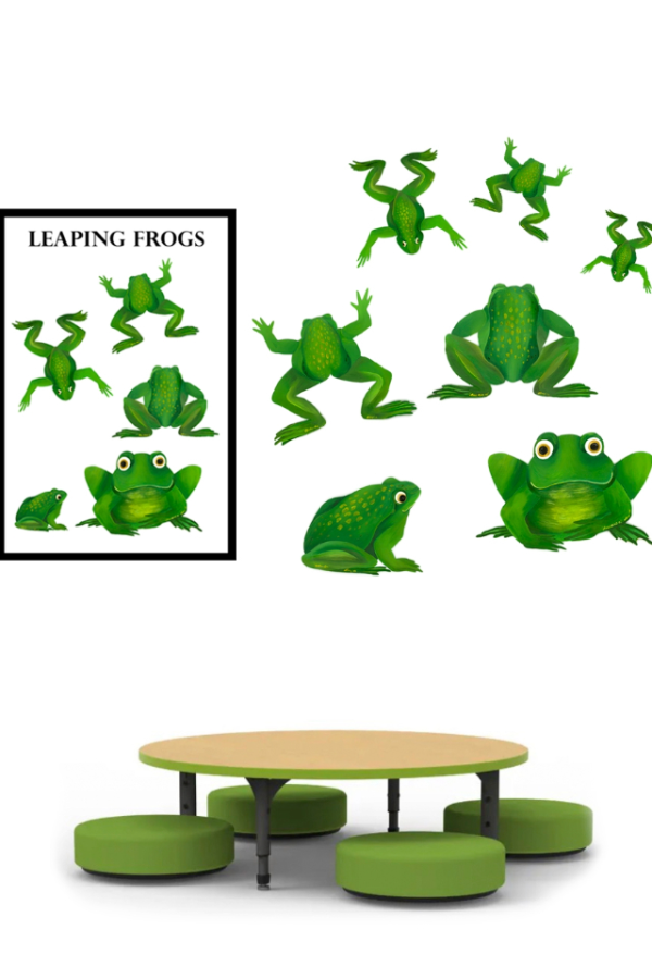 Illustration of green leaping frogs in various poses.