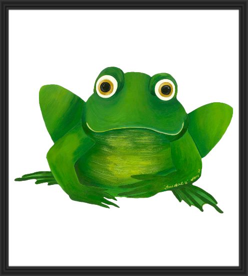 A cartoon green frog with big eyes and a wide mouth.