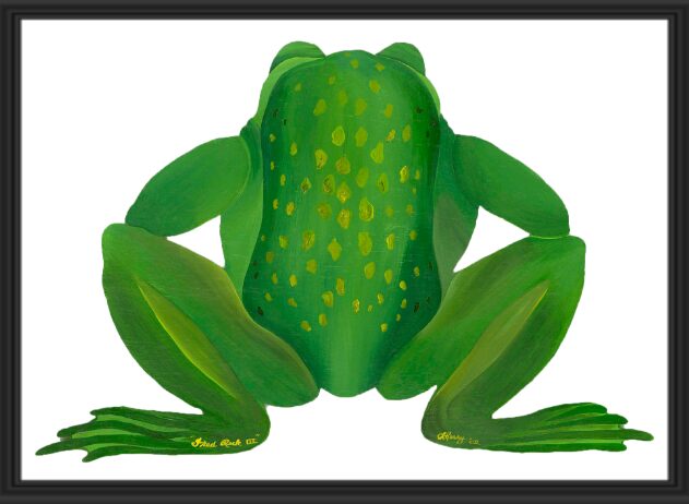 Green frog with yellow spots viewed from above.