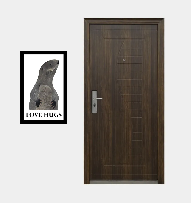 A door with a framed 'Love Hugs' otter poster beside it.