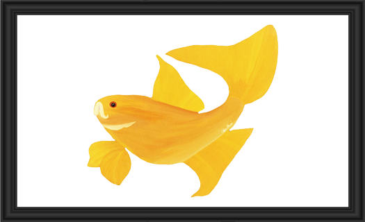 A stylized golden fish with flowing fins on a white background.