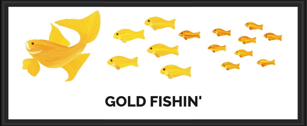 Illustration of yellow goldfish swimming in formation.
