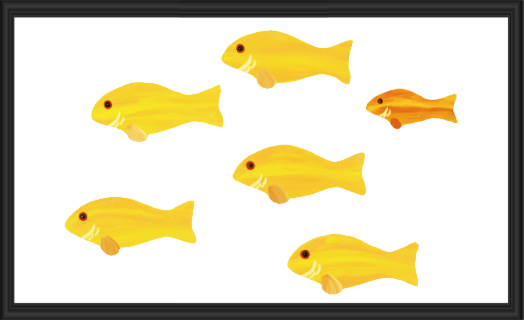 Seven yellow and orange cartoon fish swimming on a white background.
