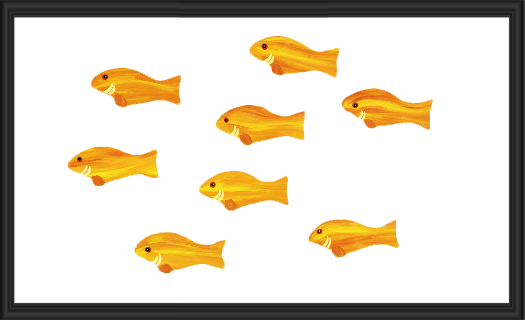 A collection of eight orange goldfish swimming against a white background.