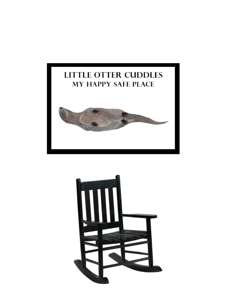 Wooden rocking chair beneath an otter-themed sign.
