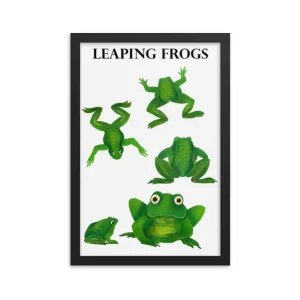 Illustration of five green frogs in various poses under the title 'LEAPING FROGS'.