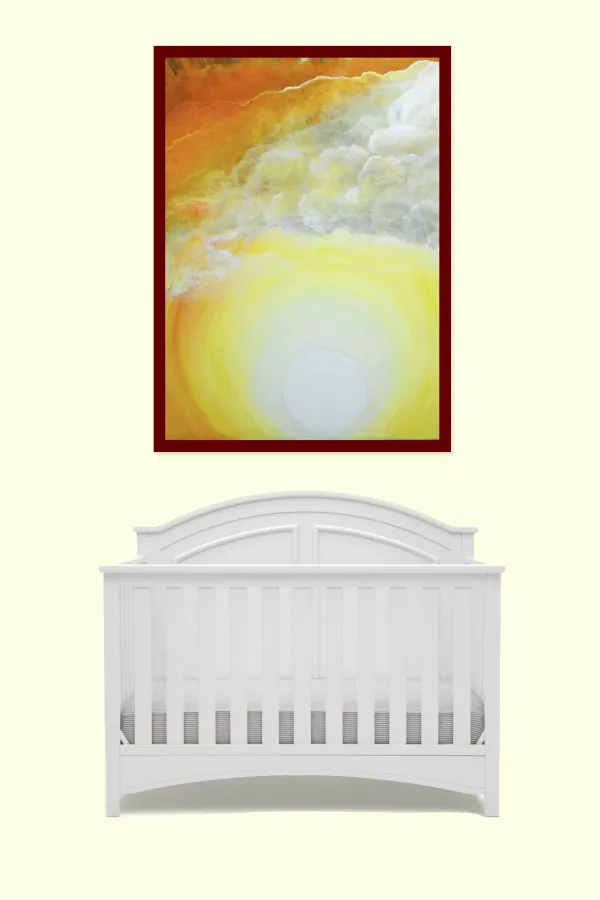 A white crib below a bright yellow abstract painting on a pale wall.