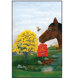 A horse curiously observes colorful autumn trees near a pond.
