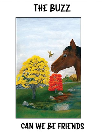 A horse curiously observes colorful autumn trees near a pond.