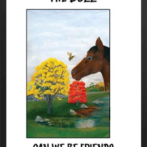 A horse curiously sniffs a red flower near a yellow tree in a serene landscape.