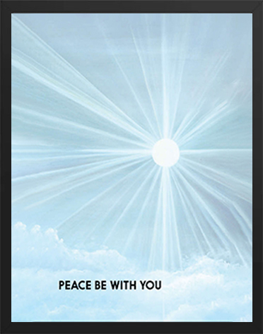 Bright sun with rays shining through clouds and the message 'Peace be with you.'