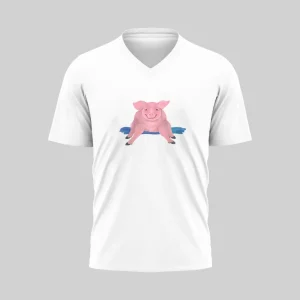 White V-neck T-shirt with a pink and blue graphic design on the chest.
