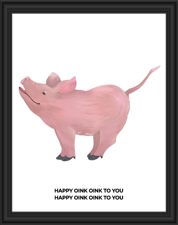 Pink pig illustration with text "Happy Oink Oink to You".