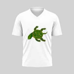 White V-neck T-shirt with a green turtle design on the front.