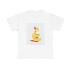 White t-shirt with a cute yellow duck illustration.