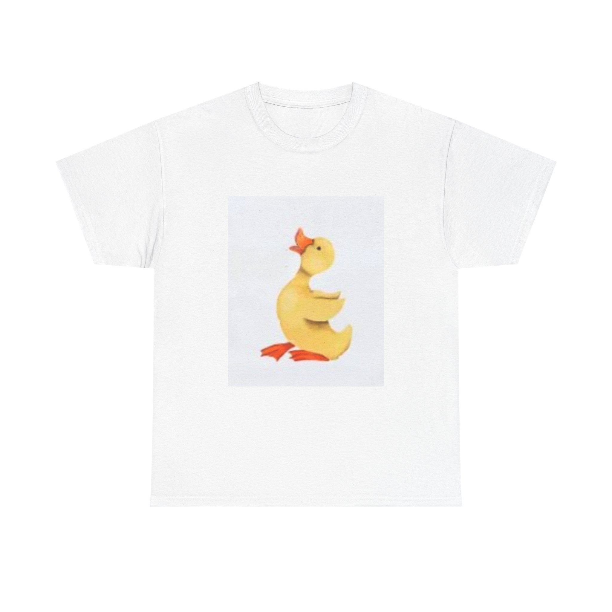 White t-shirt with a cute yellow duck illustration.