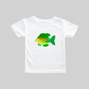 White t-shirt featuring a colorful green and yellow fish graphic.