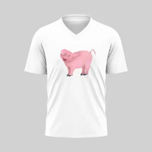 White V-neck shirt with a pink pig graphic.