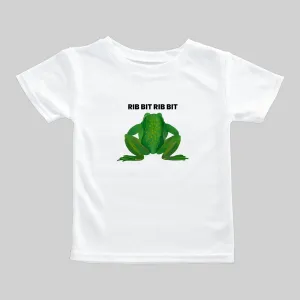 White T-shirt with a green frog and text.