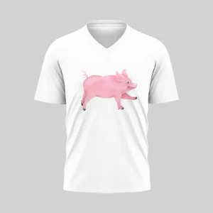 White V-neck T-shirt with a pink pig graphic on the front.