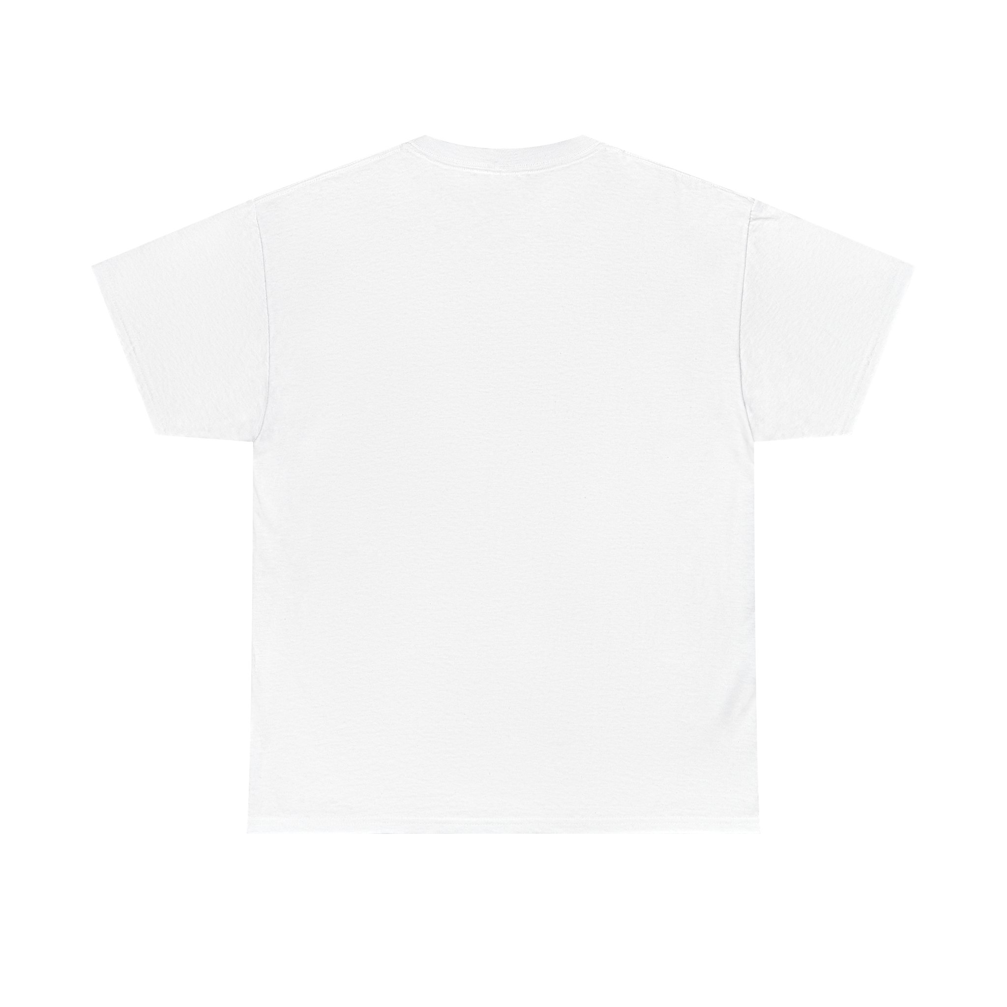 Plain white T-shirt laid flat on a white background.
