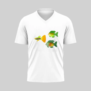 White V-neck T-shirt with yellow and green floral design.