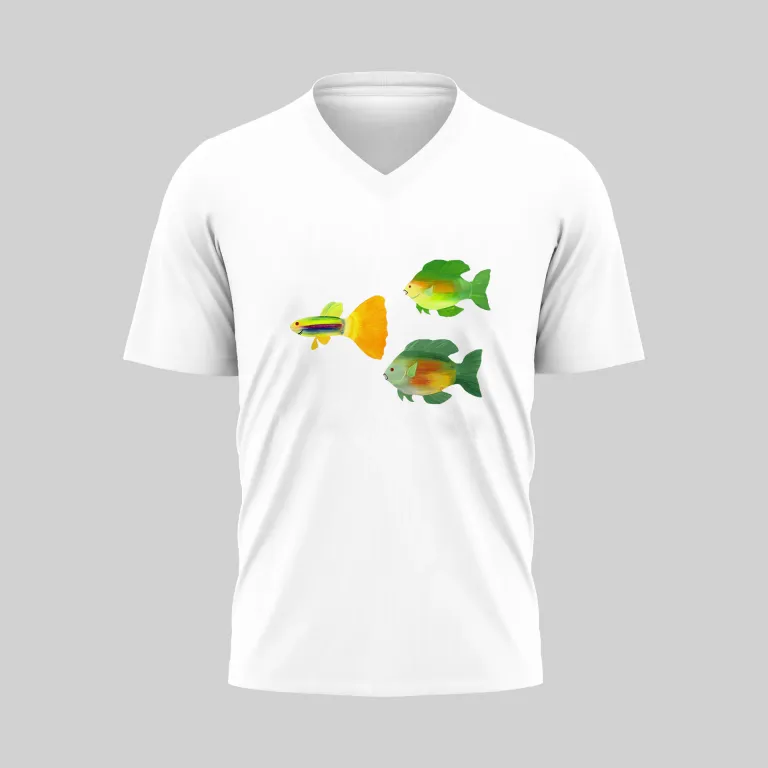 White V-neck T-shirt with yellow and green floral design.