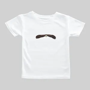White t-shirt with a small, centered brown and white graphic.