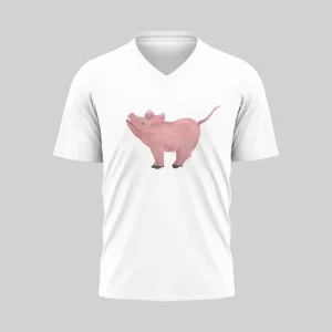 White V-neck T-shirt with a pink pig graphic on the front.
