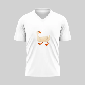 White V-neck T-shirt with a cute cartoon duck design.