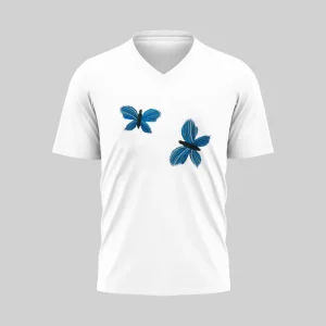 White V-neck T-shirt with blue butterfly designs.