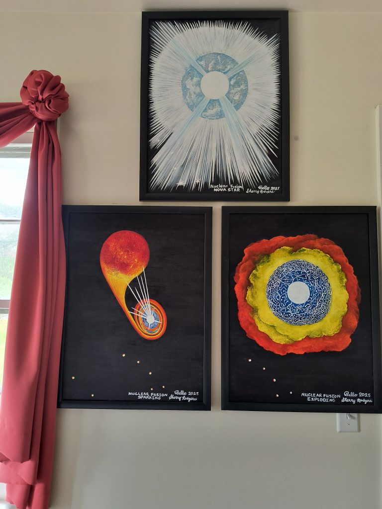 Three abstract paintings with vibrant colors and a red curtain on the window.