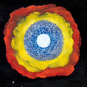 Abstract cosmic explosion with vibrant colors and intricate patterns.