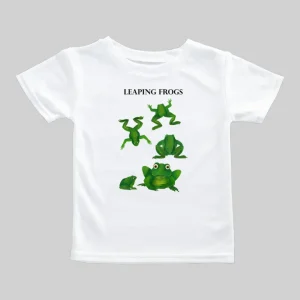 White T-shirt with green leaping frog illustrations.