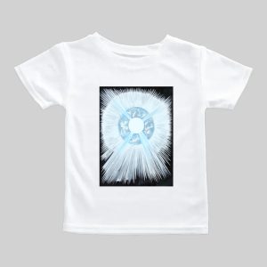 White T-shirt with a blue, white, and black abstract design on the front.