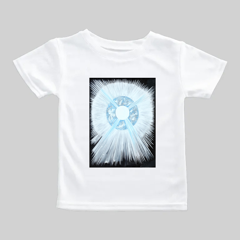 White T-shirt with a blue, white, and black abstract design on the front.