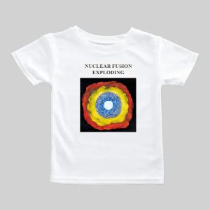 White t-shirt with colorful nuclear fusion explosion graphic and text.