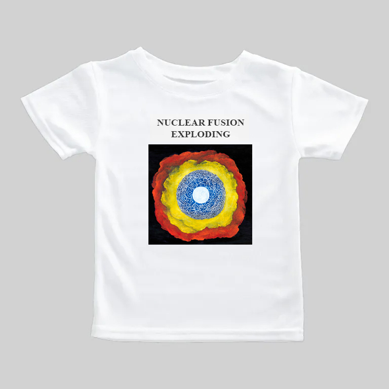 White t-shirt with colorful nuclear fusion explosion graphic and text.