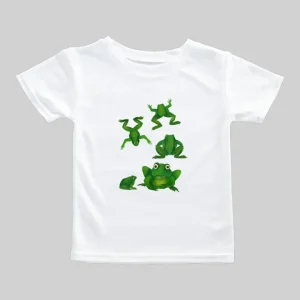White t-shirt with green frog illustrations in various poses.