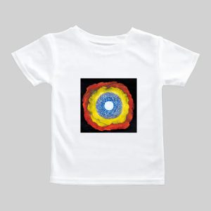 White T-shirt with a colorful cosmic spiral design on the front.