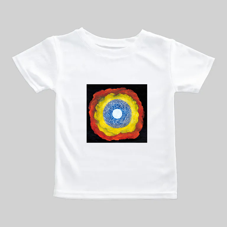 White T-shirt with a colorful cosmic spiral design on the front.