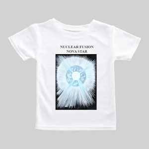 White T-shirt with a glowing blue circular design and text.