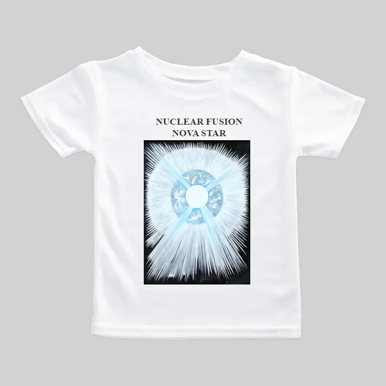 White T-shirt with a glowing blue circular design and text.