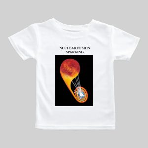White t-shirt with a colorful, abstract design and text.