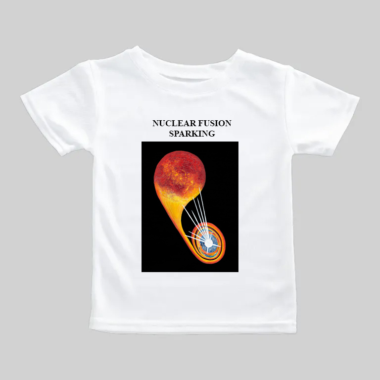 White t-shirt with a colorful, abstract design and text.